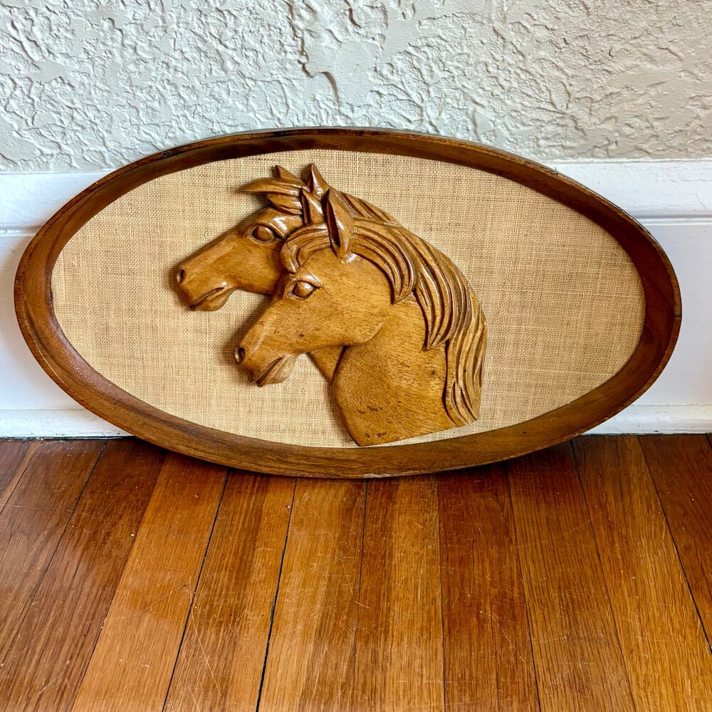 Vintage Carved Wood Horses over Burlp Wall Art in Oval Wooden Rustic Frame